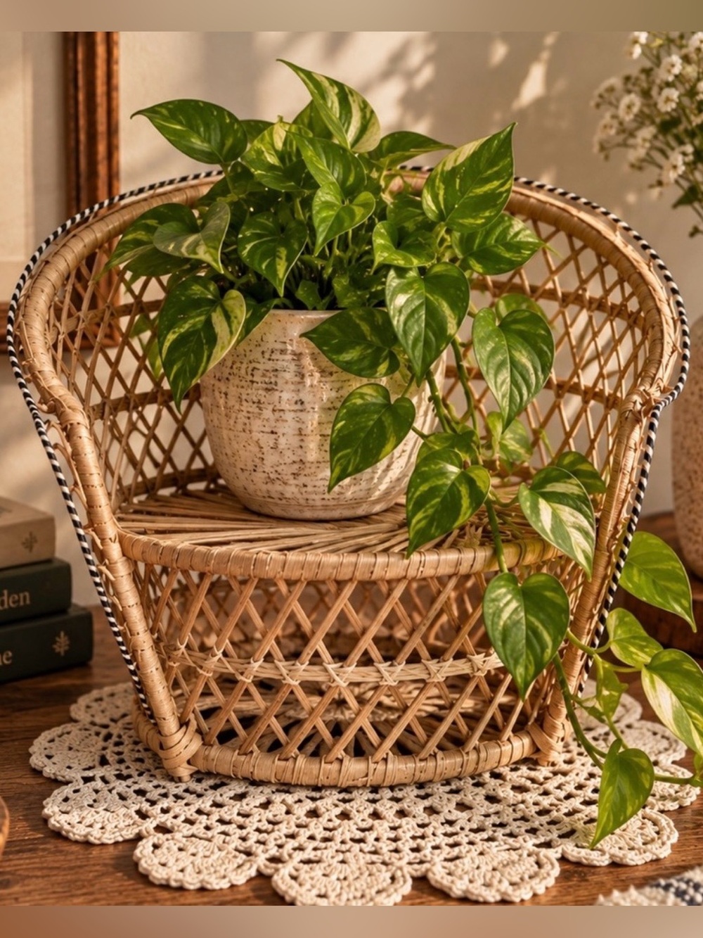 Vintage 8” Wicker peacock doll loveseat/sofa planter